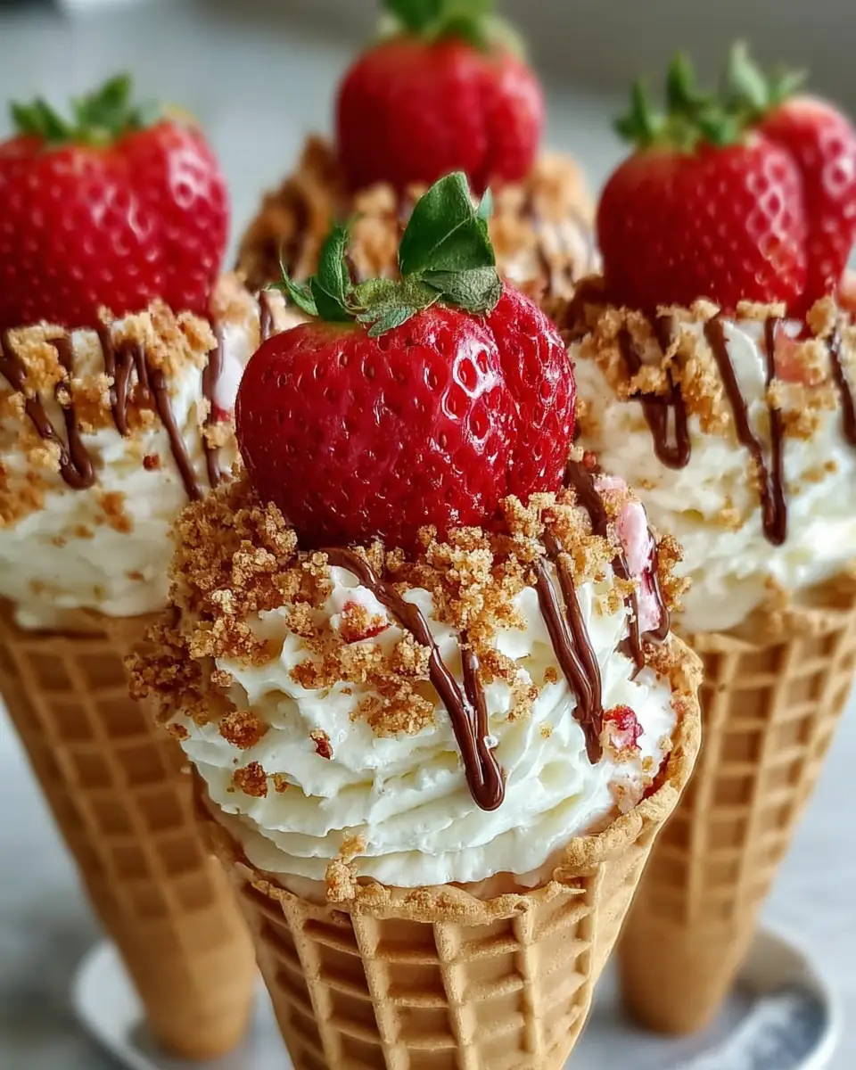 A delicious plate of STRAWBERRY CRUNCH CHEESECAKE CONES